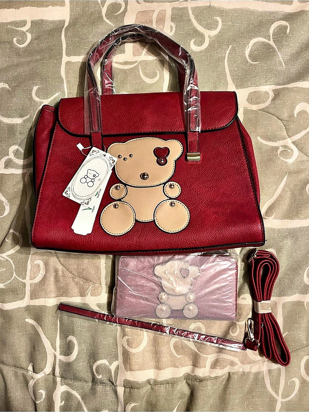 NWT Winking Teddy Bear 3-Piece Handbag & Wallet Set Vegan Leather Deep Red